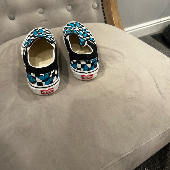 Vans Blue Butterflies Black and White Checkered Slip-On Sneakers - Picture 4 of 6